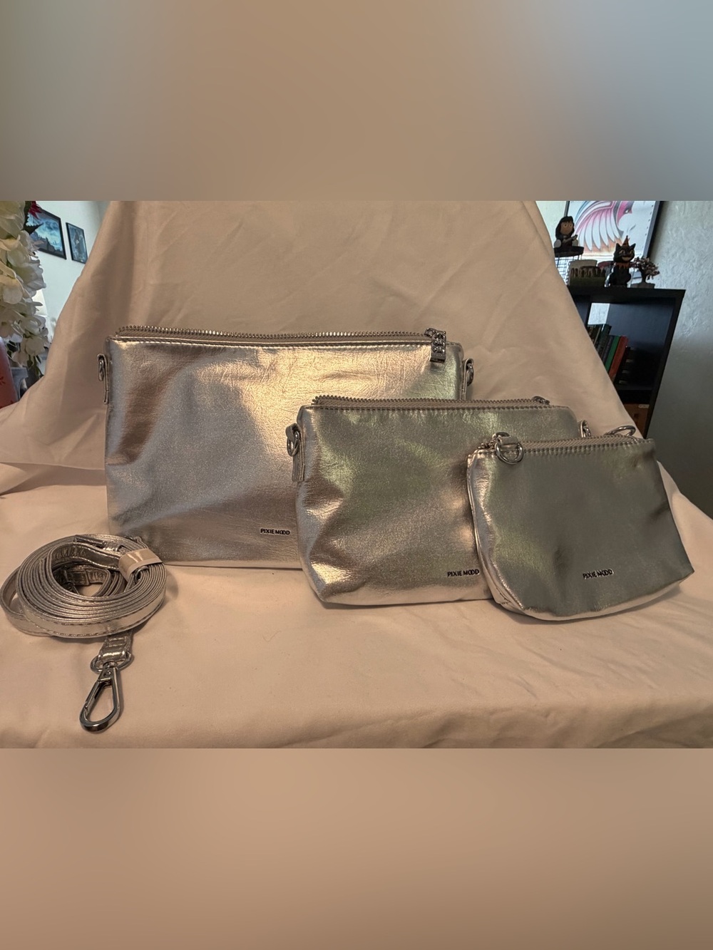 Pixie Mood Metallic Silver Three-Piece Pouch Set